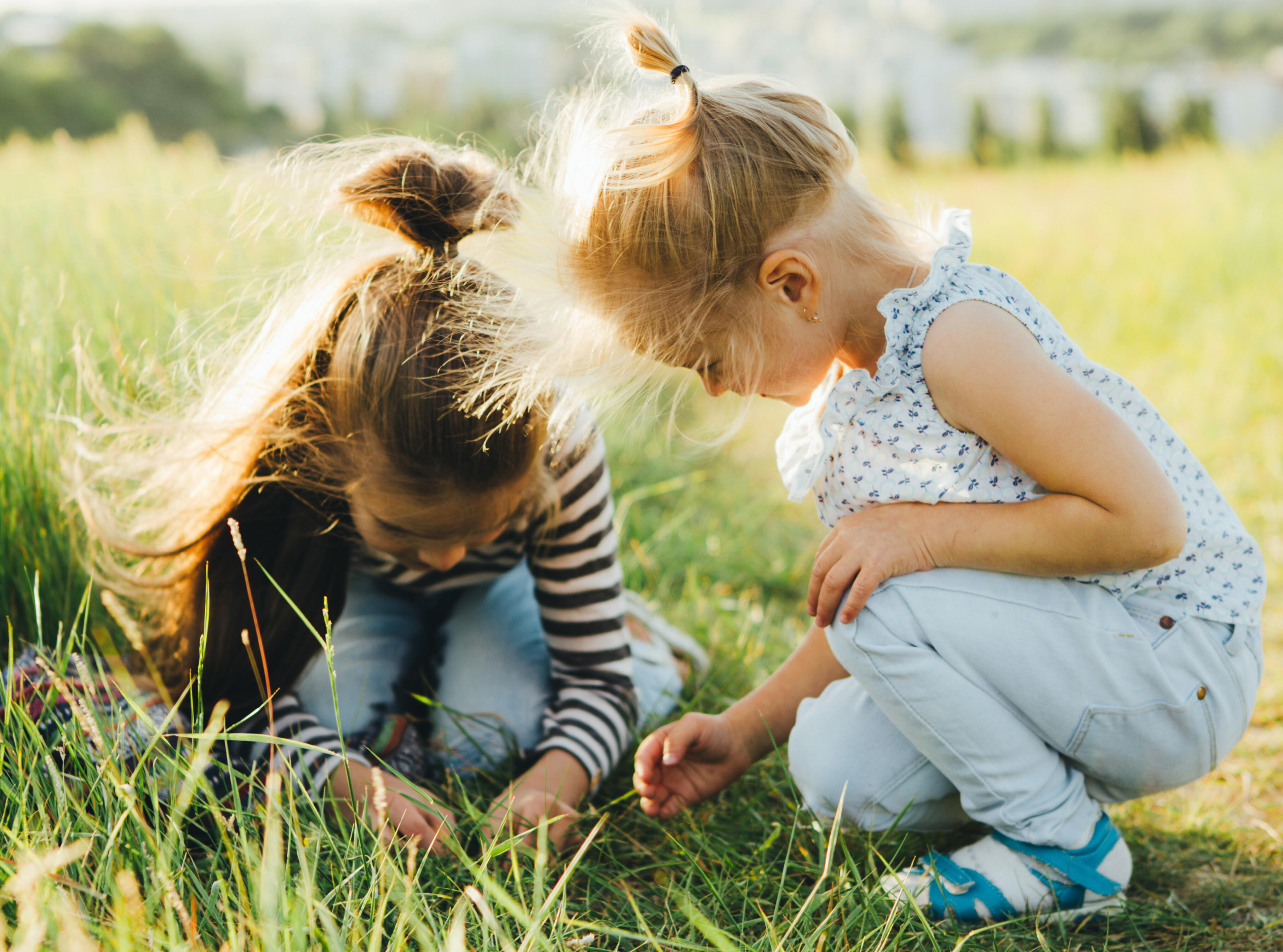 Two elementary school girls studying grass Two elementary school girls studying grass while kneeling on the grass.